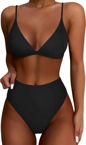Hb5142-3 Suuksess Women High Waisted Cut Bikini Set Sexy Triangle Small #1 Black