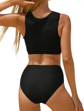 K180119 Tempt Me Women Two Piece Lace Bikini Tie Knot Front High Waisted Large Black #2