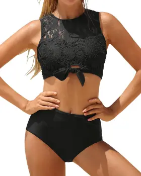 K180119 Tempt Me Women Two Piece Lace Bikini Tie Knot Front High Waisted Large Black