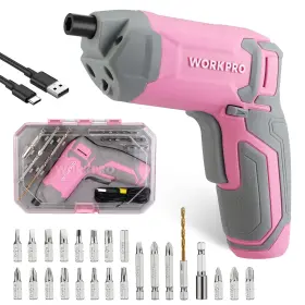 W121045a Workpro Pink Cordless Screwdriver Set 3.6v Electric Rechargeable Eccentric P