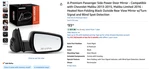 Passenger Side Power Door Mirror Compatible With Chevrolet Malibu 2013-2015. Fixed Price $62.99.